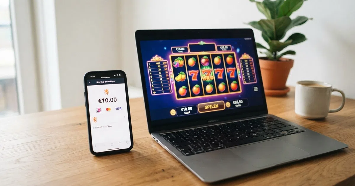 Een smartphone en een laptop met op beide schermen een Nederlandse online casino-interface, een iDEAL-betaalscherm met het bedrag van €10 gemarkeerd