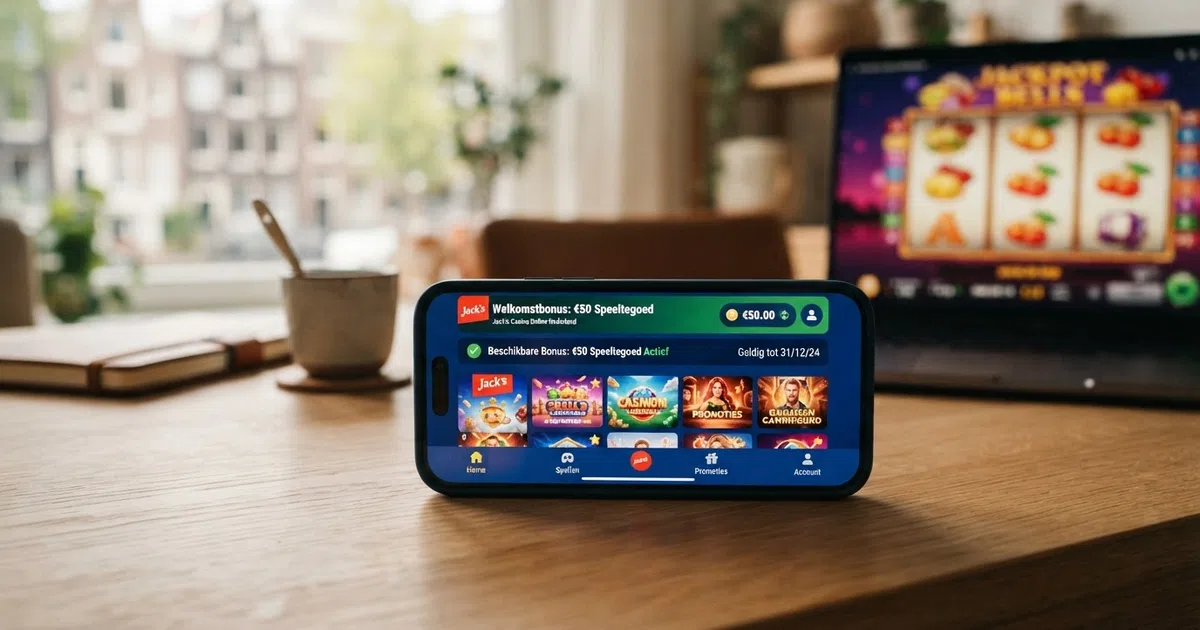 Een close-up van een smartphone met een Nederlandse casino-accountpagina, het saldo toont speeltegoed van een no deposit bonus, op de achtergrond subtiel een slot-spin