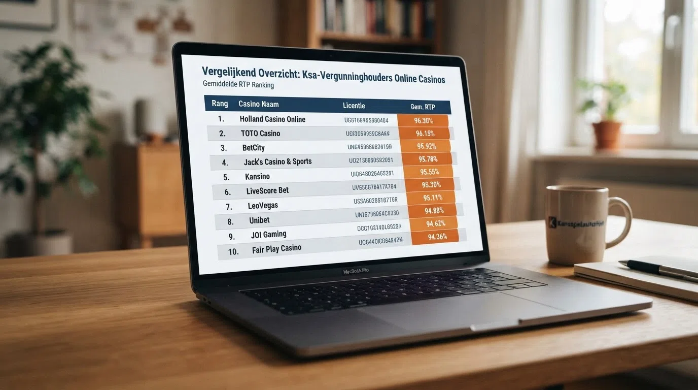 Een staafdiagram of vergelijkend overzicht van de tien Ksa-vergunde casino's, gerangschikt op gemiddelde RTP — 711 en Kansino bovenaan met 96,30%