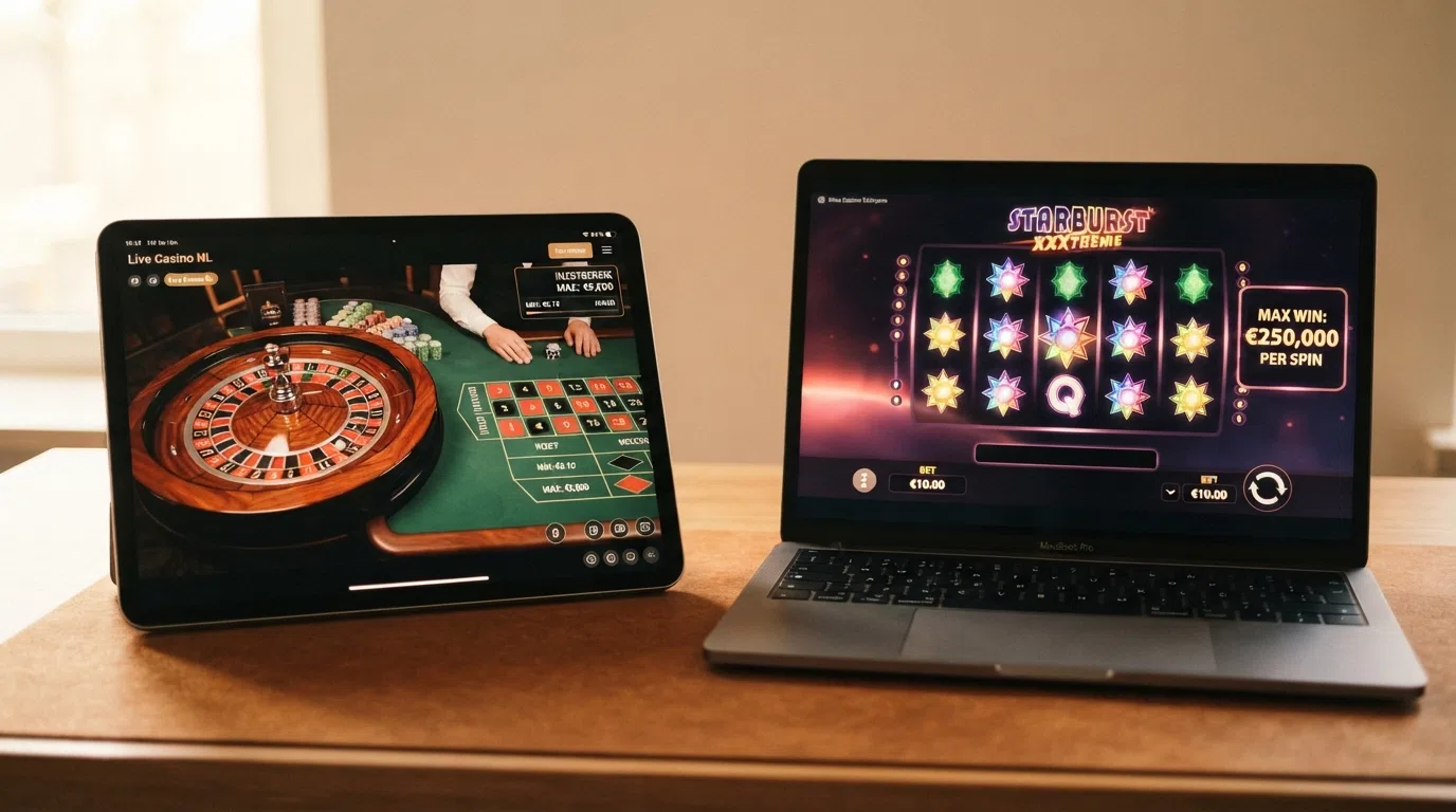 Een live-dealerroulettetafel met een close-up van het inzetbereik op het digitale scherm, met ernaast een slot met de maximale-win-cap aanduiding.