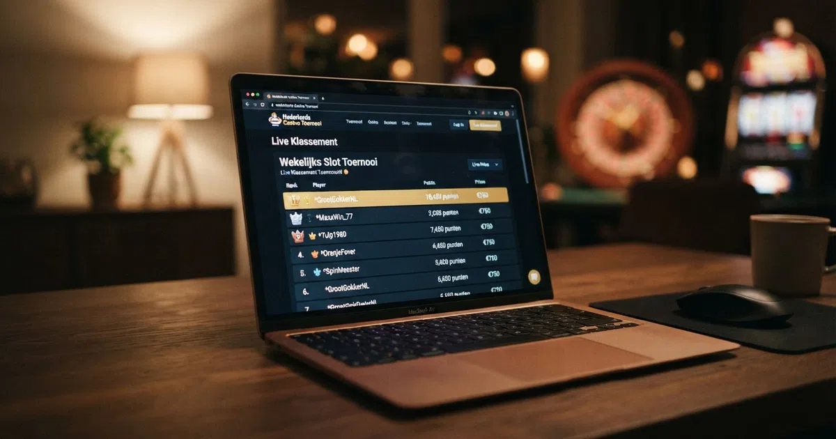 Een online casino toernooi-leaderboard op een laptopscreen, met posities, punten en prijzengeld zichtbaar in een Nederlandse interface.