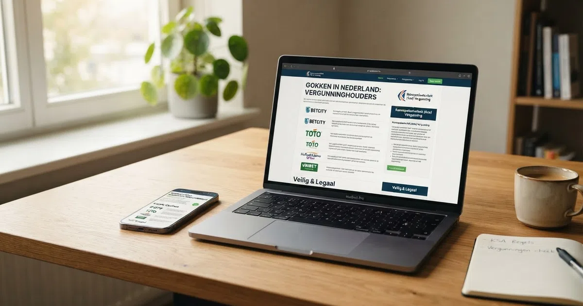 Een overzichtelijke vergelijkingstabel van online casino's op het scherm van een laptop, met daarnaast een smartphone die hetzelfde overzicht toont