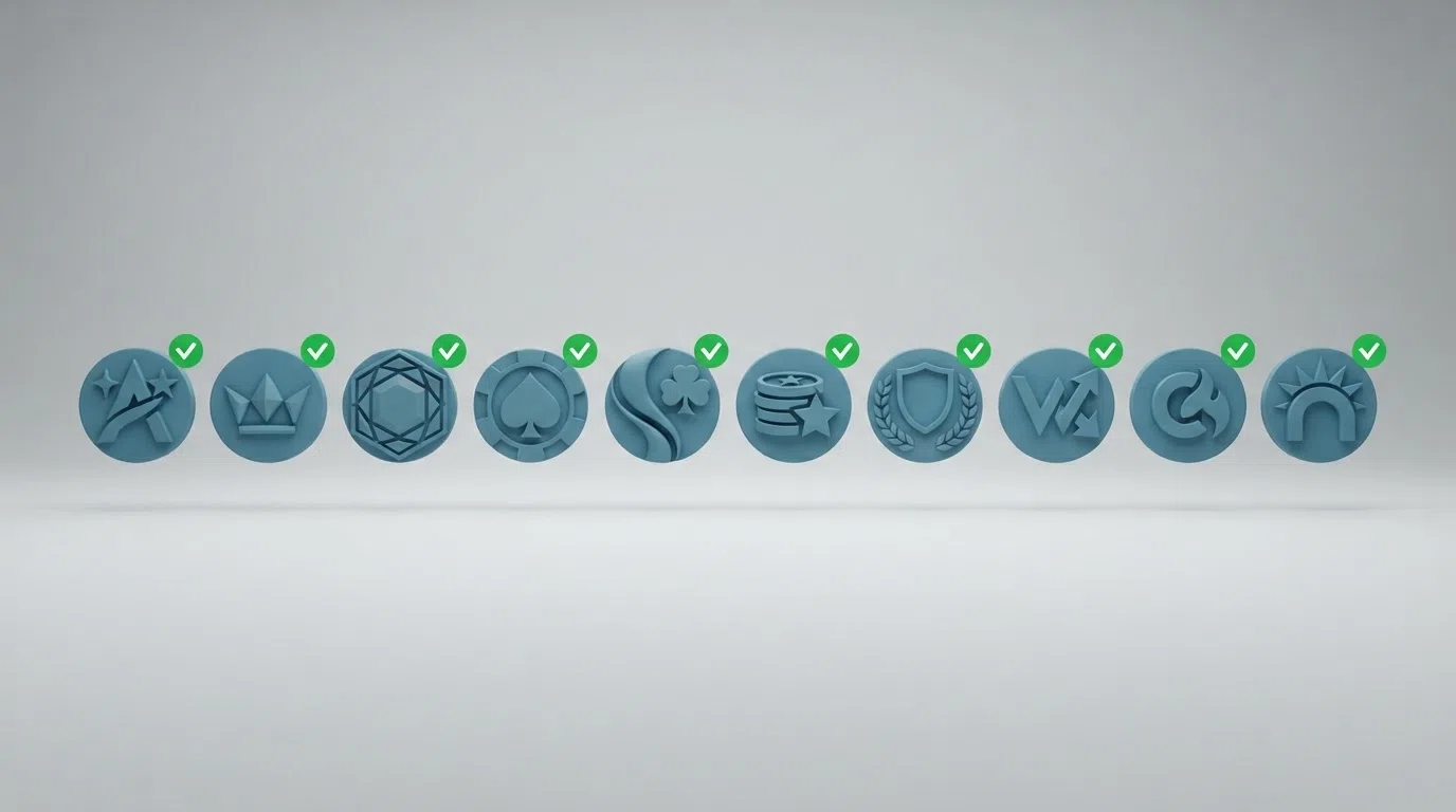 Een vergelijkend overzicht van de logo's van de tien besproken casino's met een groen vinkje bij het Ksa-keurmerk naast elk logo