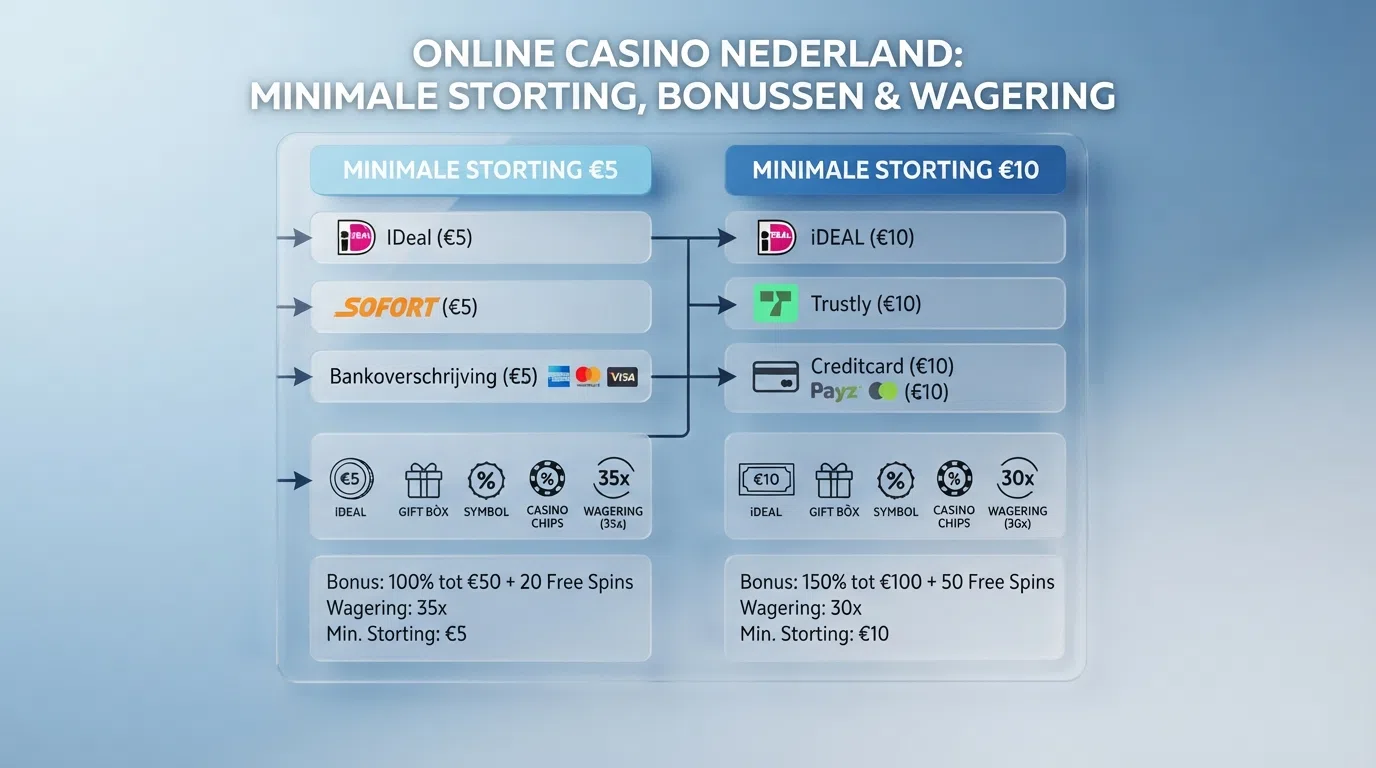 Een overzichtelijke vergelijkingstabel van Nederlandse casino's met kolommen voor minimale storting, bonus en rondspeelvoorwaarden