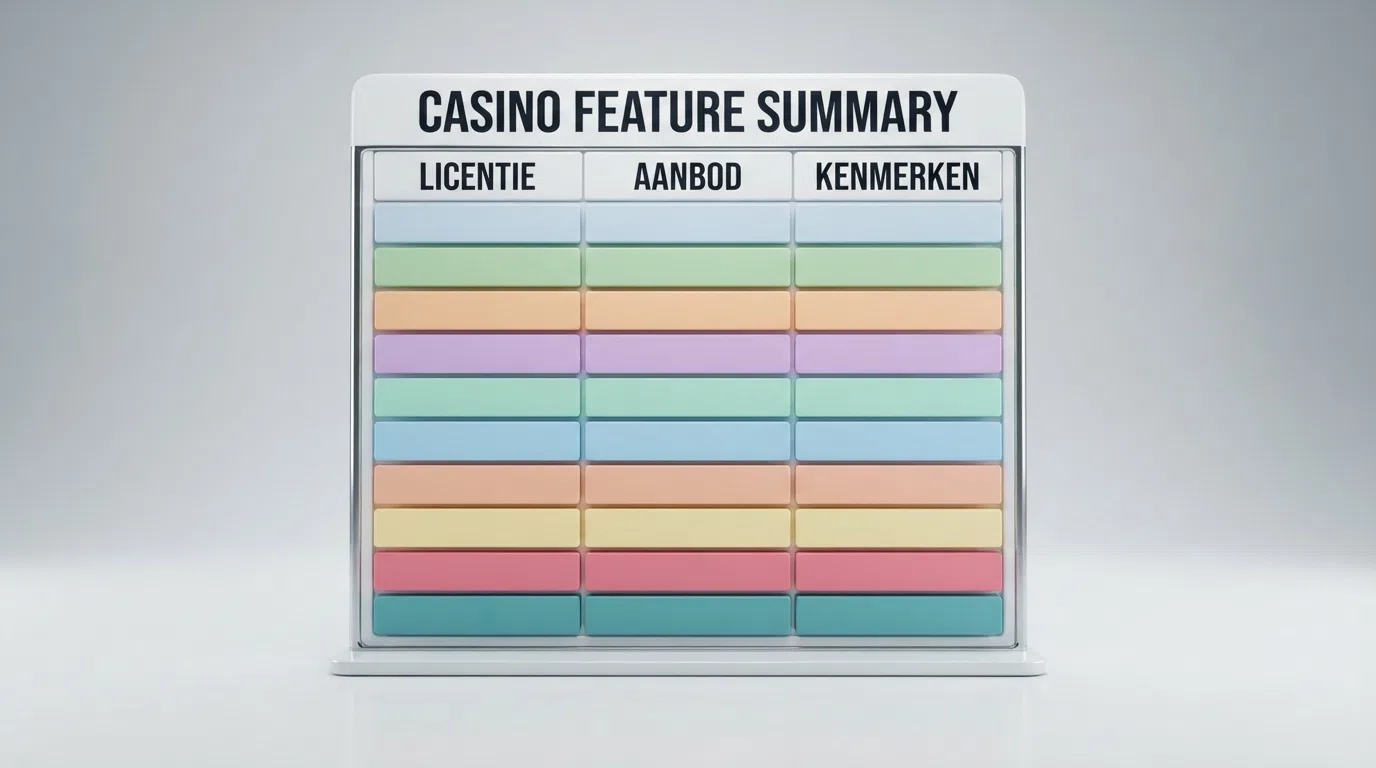 Overzichtelijke vergelijkingstabel van casino's zonder Cruks met kolommen voor licentie, bonus en free spins, naast de logo's van de besproken aanbieders