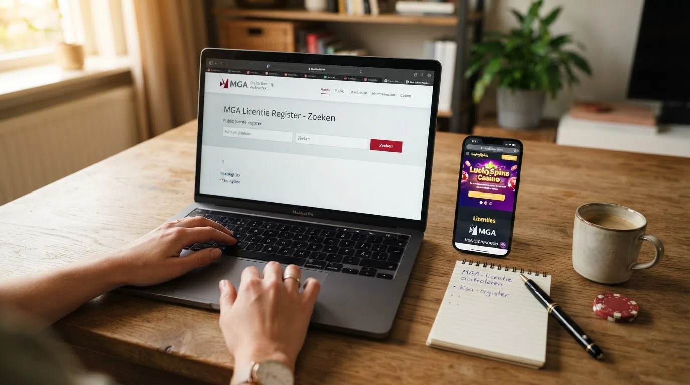 Een close-up van een computerscherm waarop de vergunningpagina van een buitenlands casino is geopend naast het online register van een buitenlandse kansspelautoriteit
