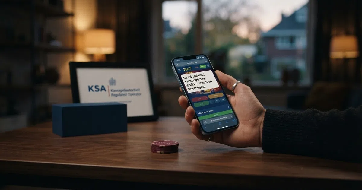 Een speler zit aan een bureau met een smartphone in de hand, op het scherm is een melding zichtbaar over een stortingslimiet — op de achtergrond het logo van de Kansspelautoriteit