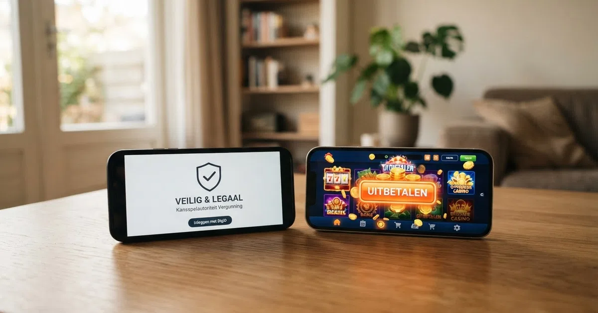 Twee mobiele telefoons naast elkaar: links een scherm met het CRUKS-logo en een slotje, rechts een scherm met een casino-interface en een uitbetalingsknop