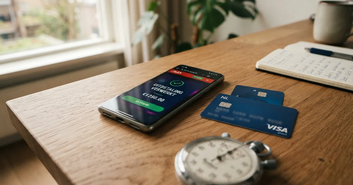 Een stopwatch op een smartphonescherm met een casino-app die 'uitbetaling verwerkt' toont, naast een Nederlandse bankpas