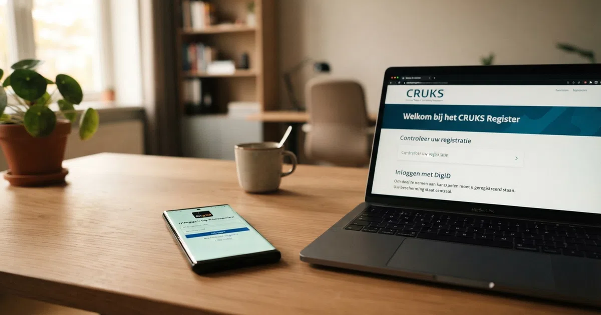 Een smartphone met het DigiD-inlogscherm naast het CRUKS-registerlogo op een laptopschema