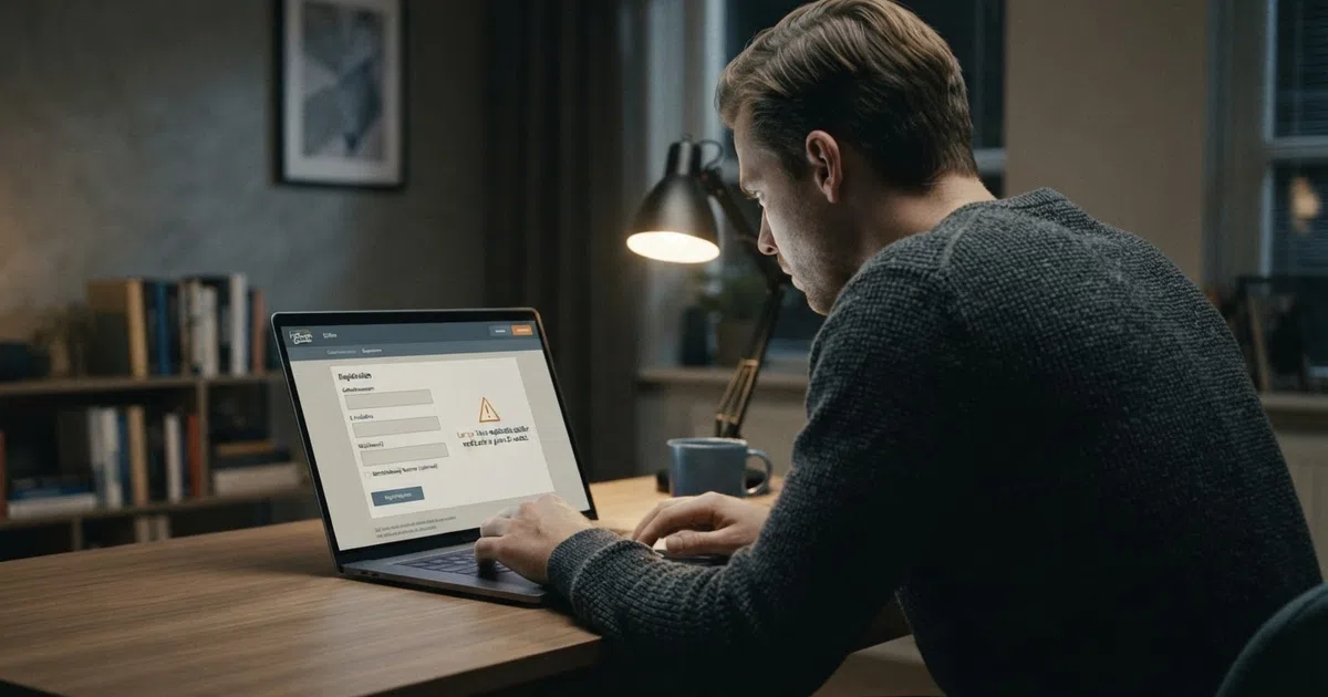 Een Nederlandse speler kijkt geconcentreerd naar een laptopscherm waarop een waarschuwingssymbool verschijnt naast een casino-interface met een geopend registratieformulier zonder ID-veld