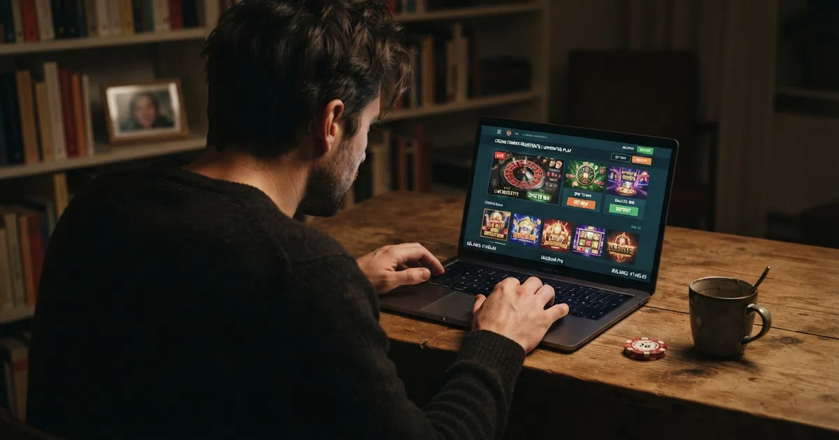 Een Nederlandse speler zit achter zijn laptop met een online casino op het scherm; een waarschuwingssymbool zweeft naast het casino-logo