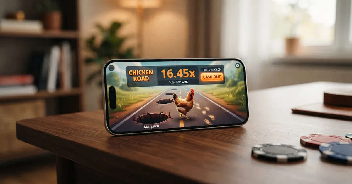 Het Chicken Road-spel op een beeldscherm met het speelveld, de kip, mangaten en de oplopende vermenigvuldiger