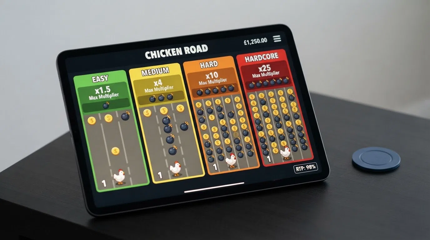 Close-up van Chicken Road met de vier moeilijkheidsgraden (Easy, Medium, Hard, Hardcore) en de RTP van 98% zichtbaar