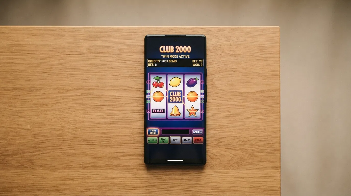Het demo-scherm van Club 2000 in een browser, met fun credits als speeltegoed en het basisspel met fruit-symbolen zichtbaar