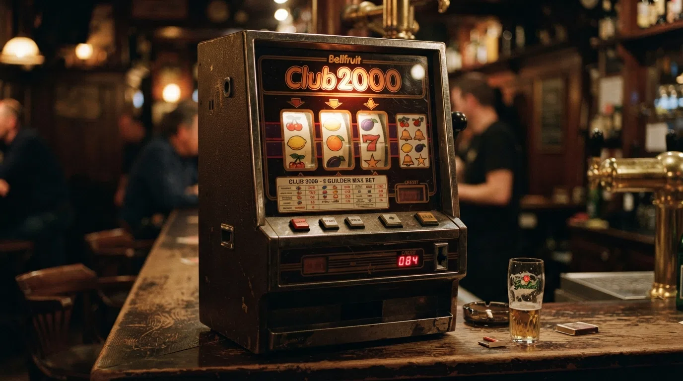 Een originele Bellfruit Club 2000-gokkast uit de jaren 80, de fysieke fruitautomaat met het herkenbare Club 2000-logo en mechanische rollen