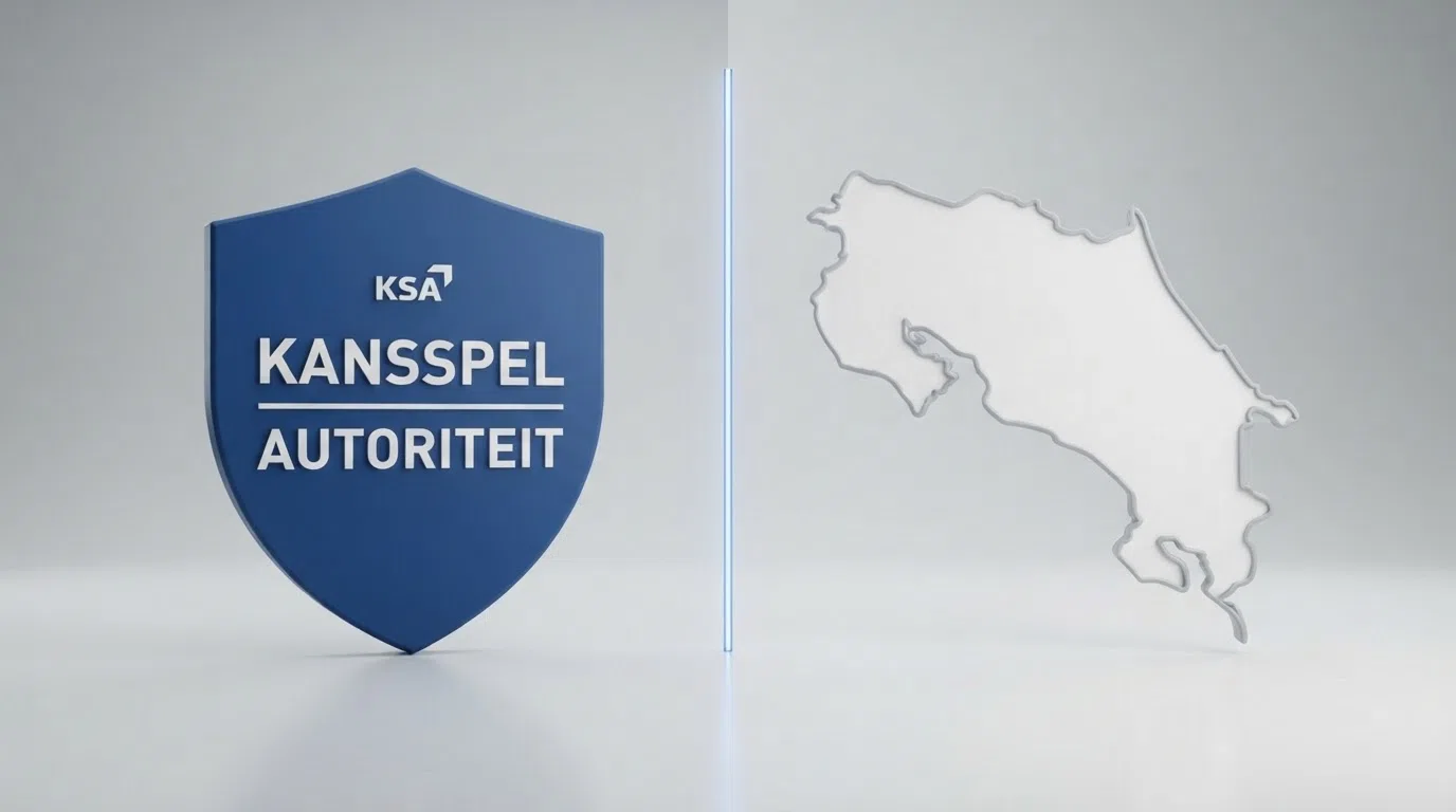 Een gespleten beeld: links het KSA-logo op een blauwe officiële achtergrond, rechts een lege witte ruimte met de contouren van Costa Rica — het contrast tussen toezicht en het ontbreken ervan