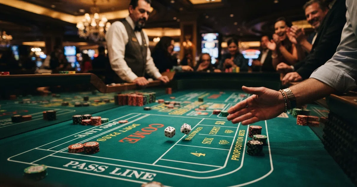 Een craps-tafel met dobbelstenen, gekleurde inzetvakken en fiches op een groen laken