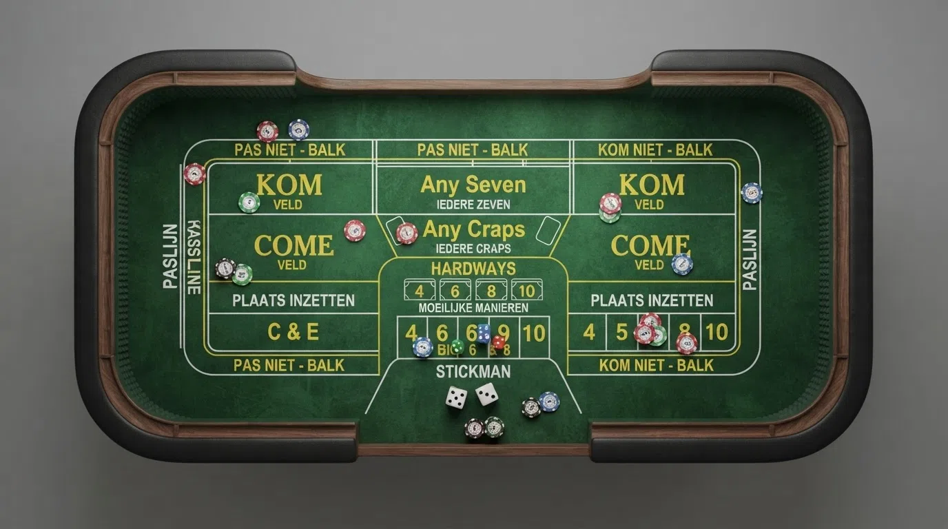 Gedetailleerde bovenaanzicht van een craps-tafel met alle inzetzones, dobbelstenen en de dealerpositie