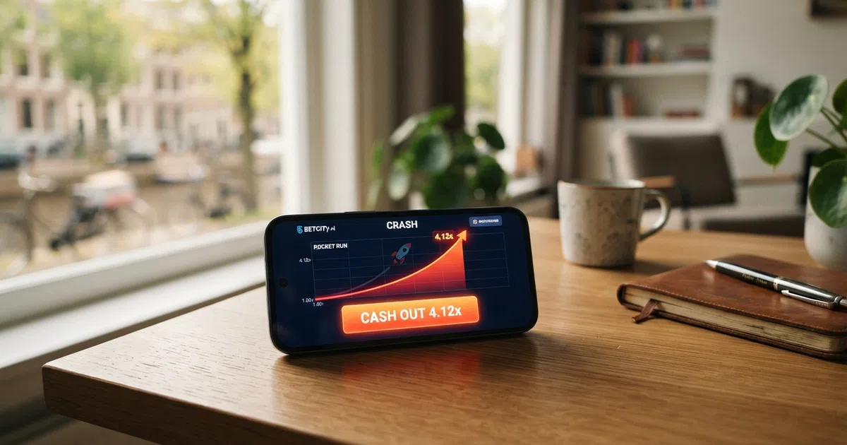 Een crash game op een smartphonescherm: de stijgende multipliercurve loopt omhoog terwijl de cash-outknop onder de curve wacht op de tik van de speler