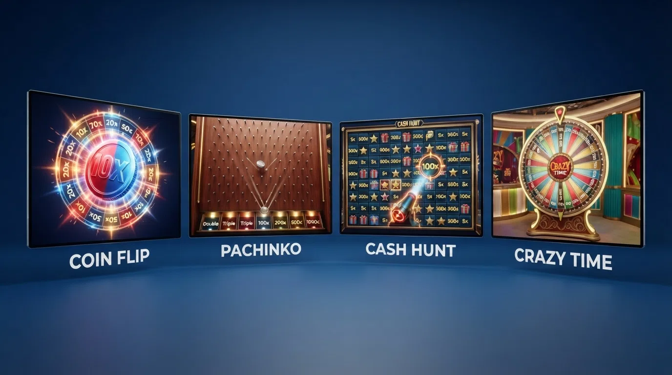 Close-up van het digitale bonusspelscherm met de vier Crazy Time-bonusrondes: Cash Hunt, Pachinko, Coin Flip en het Crazy Time-wiel, elk met vermenigvuldigers tot hoge uitbetalingen