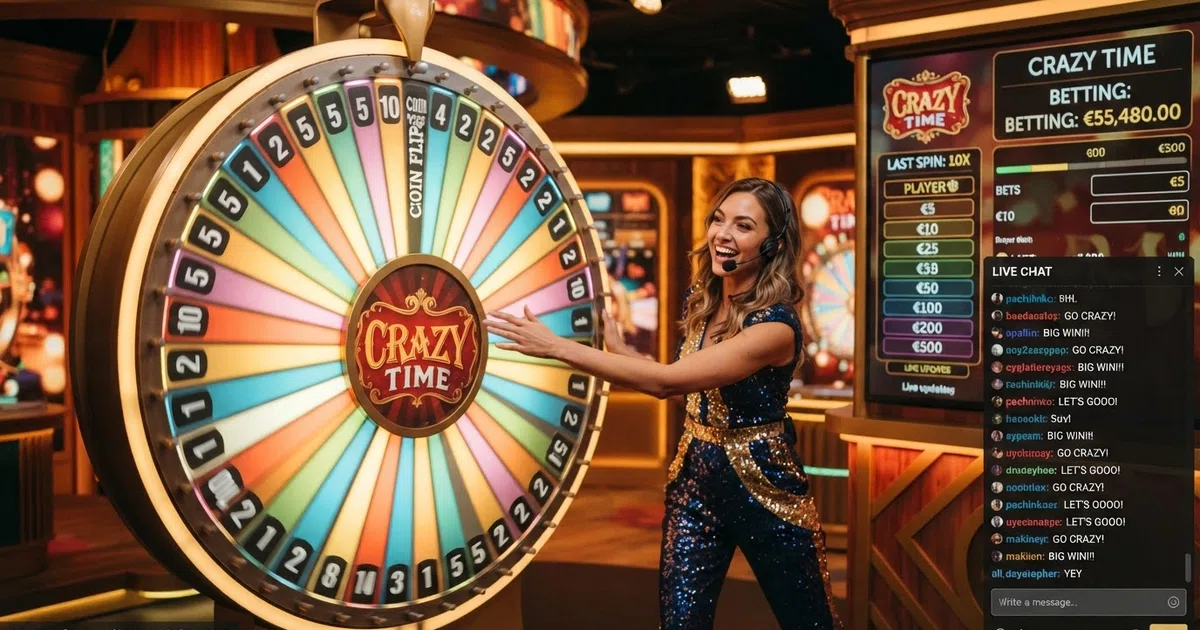 Een presentator in een kleurrijke tv-studio draait aan het Crazy Time-geldwiel met 54 segmenten, omringd door digitale wedborden en een live chat-venster
