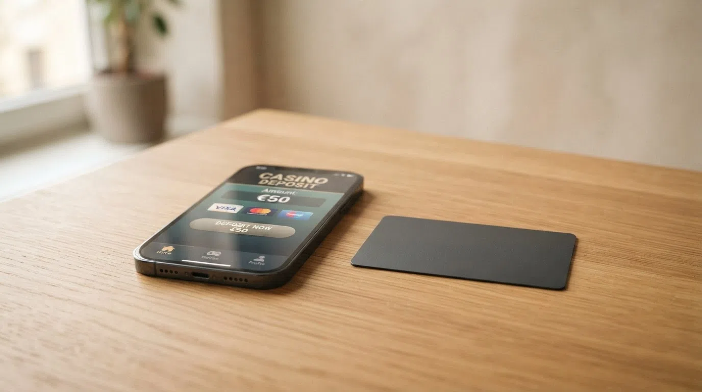 Een creditcard en een smartphone met een casino-stortingsscherm naast elkaar, met een klok die de verwerkingstijd telt
