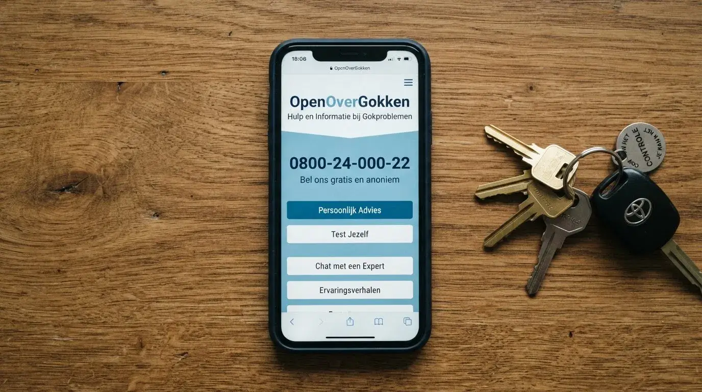 Een smartphone met daarop de OpenOverGokken-homepage en het telefoonnummer 0800-24-000-22 zichtbaar, met daarnaast een sleutelbos als metafoor voor zelfregie