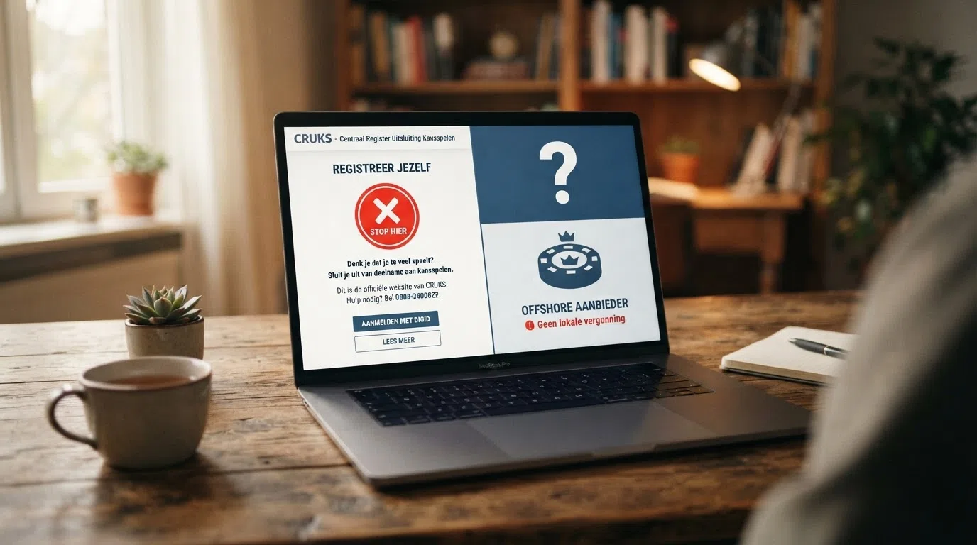 Een laptopscherm met de Cruks-website (gokstop.nl) en een rood waarschuwingssymbool. Daarnaast een gesplitst scherm: een KSA-keurmerk links en een vraagteken boven een casino zonder keurmerk rechts.