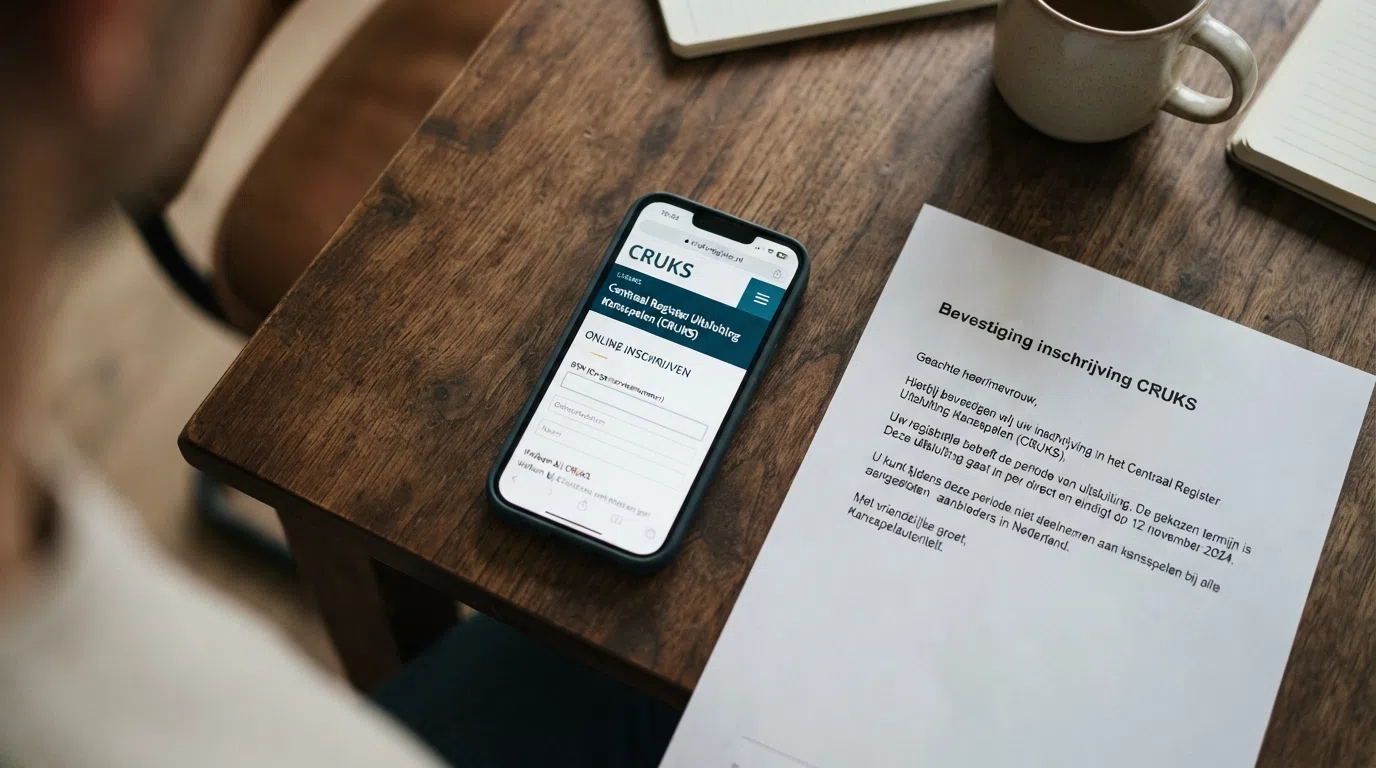 Een visuele weergave van de stappen die een speler doorloopt bij CRUKS-inschrijving: het online formulier de bevestigingsmail en het slotje-icoon dat toegang tot elk KSA-casino blokkeert