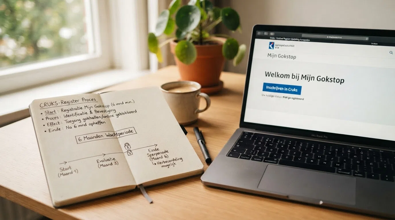 Een kalender met een markering zes maanden vooruit, met daarnaast een laptop die de Cruks-pagina toont