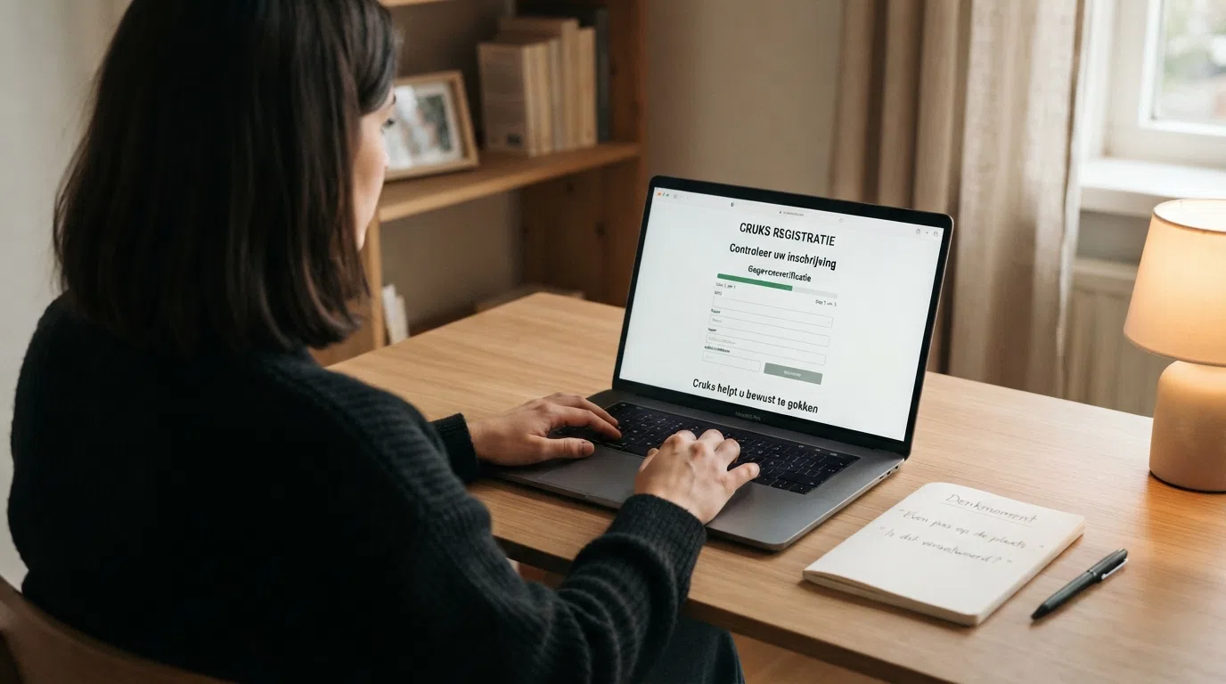 Een registratieformulier op een scherm met het woord “Cruks” zichtbaar, hand boven een toetsenbord