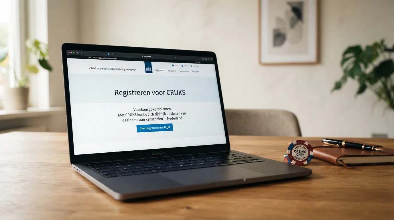 Een screenshot-achtige weergave van het KSA-CRUKS-register met een Nederlandse identiteitskaart ernaast, waarvan het BSN is afgeschermd