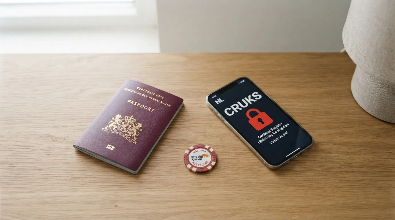 Een Nederlands paspoort naast een scherm met een rood slot-icoon en de tekst “CRUKS”