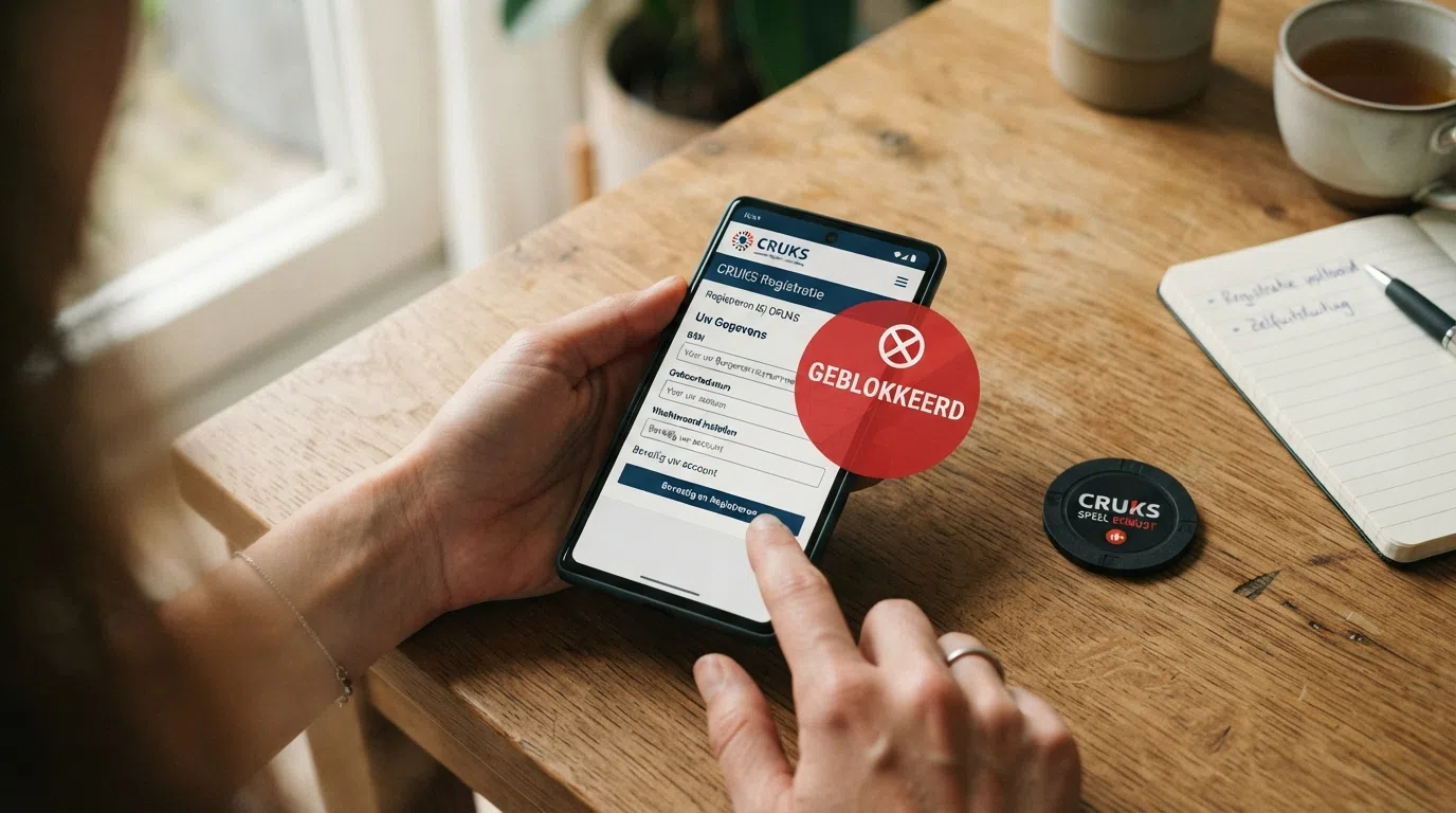 Een computerinterface met een CRUKS-registratieformulier naast een slot met een rood 'geblokkeerd'-symbool