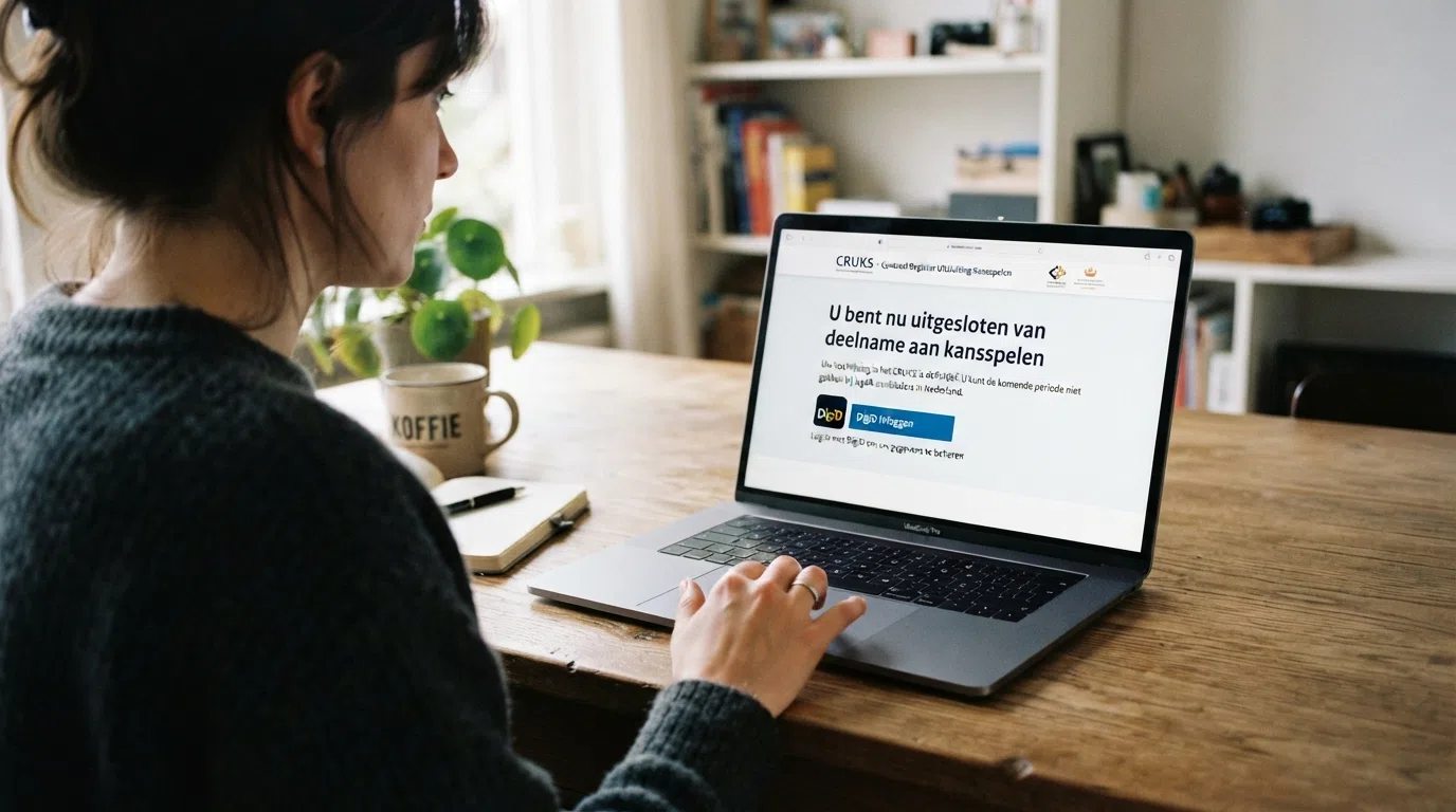 Een schermweergave van de CRUKS-inschrijfpagina via DigiD met de tekst 'U bent nu uitgesloten van deelname aan kansspelen'