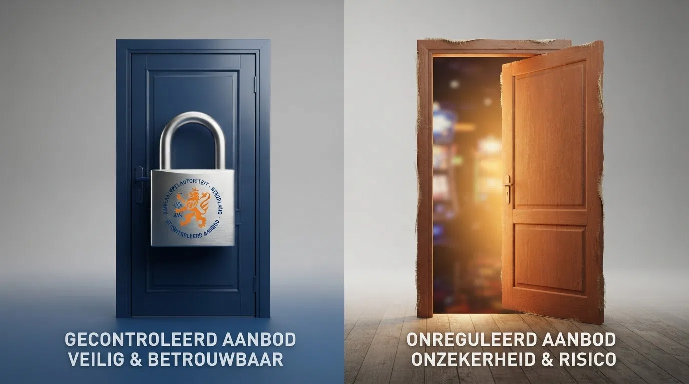 Een visuele vergelijking: aan de linkerkant een slot met het Cruks-logo en KSA-keurmerk, aan de rechterkant een open deur zonder slot — symbool voor het ontbreken van de Cruks-controle