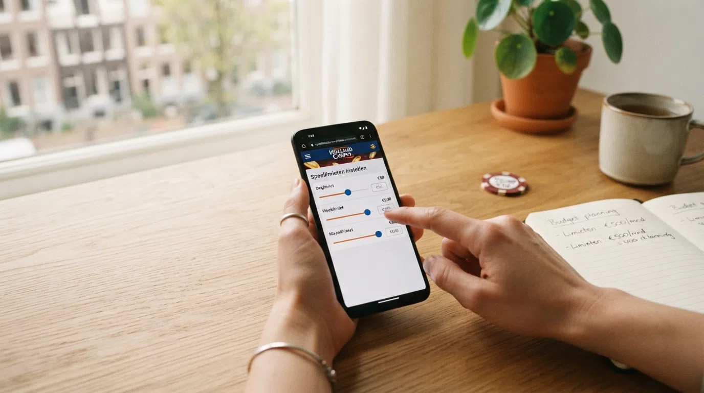 Het instelscherm voor speellimieten op een smartphone, met schuifregelaars voor dagelijks, wekelijks en maandelijks