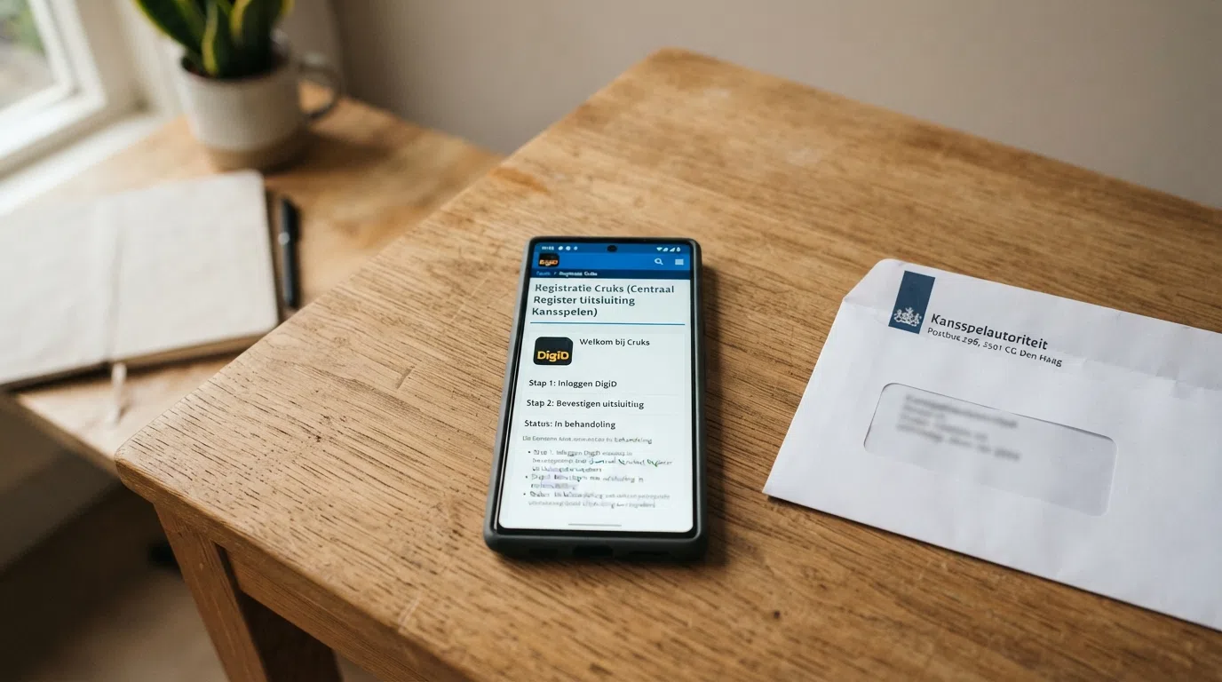 Een smartphone met de DigiD-app open naast een geopende envelop van de Kansspelautoriteit