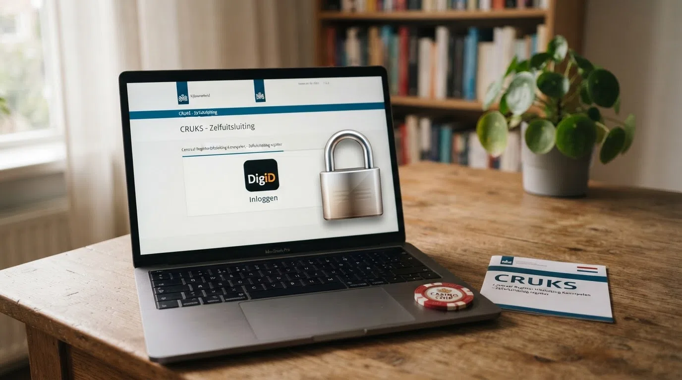 Het officiële CRUKS-logo naast een Nederlandse identiteitskaart en een hangslot dat een computerscherm vergrendelt