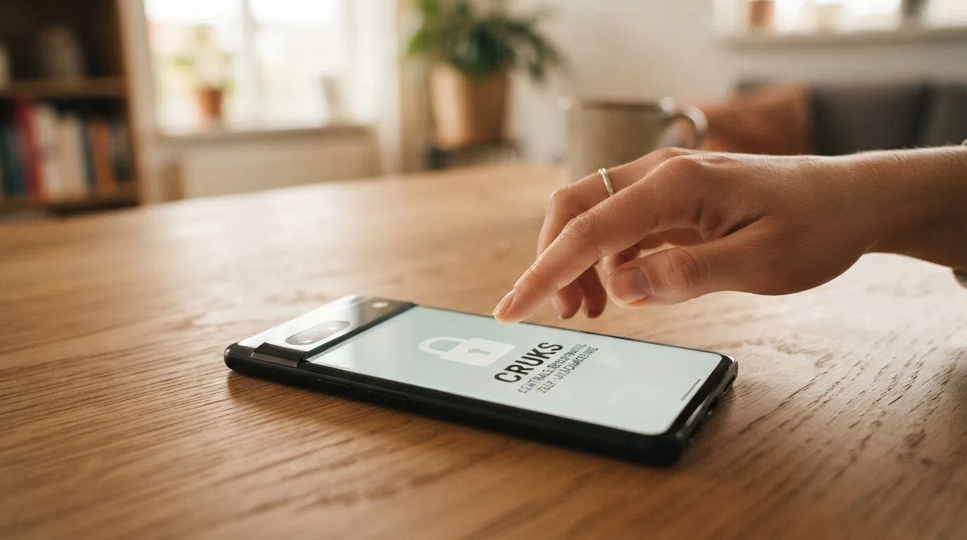 Een smartphone met een slot-icoon en de letters CRUKS op het scherm