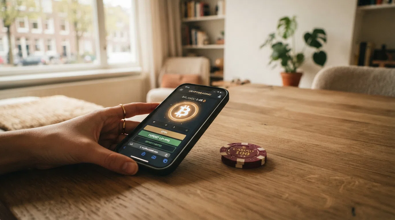 Een Bitcoin-munt naast een klassieke casinochip, met op de achtergrond een vaag slotscherm — de fusie van crypto en kansspel