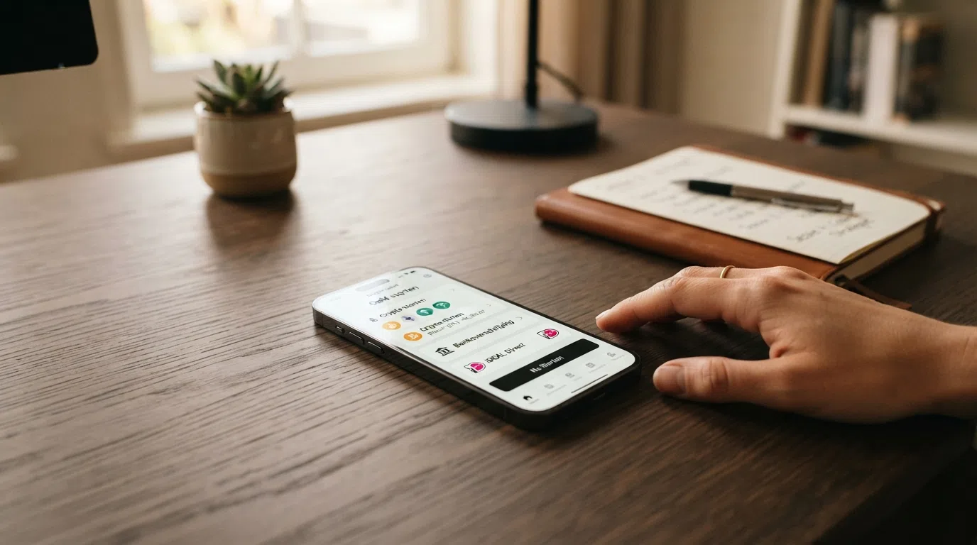Een smartphone met een crypto-wallet-app naast een online casino-betaalpagina met Bitcoin-, USDT- en Monero-opties.