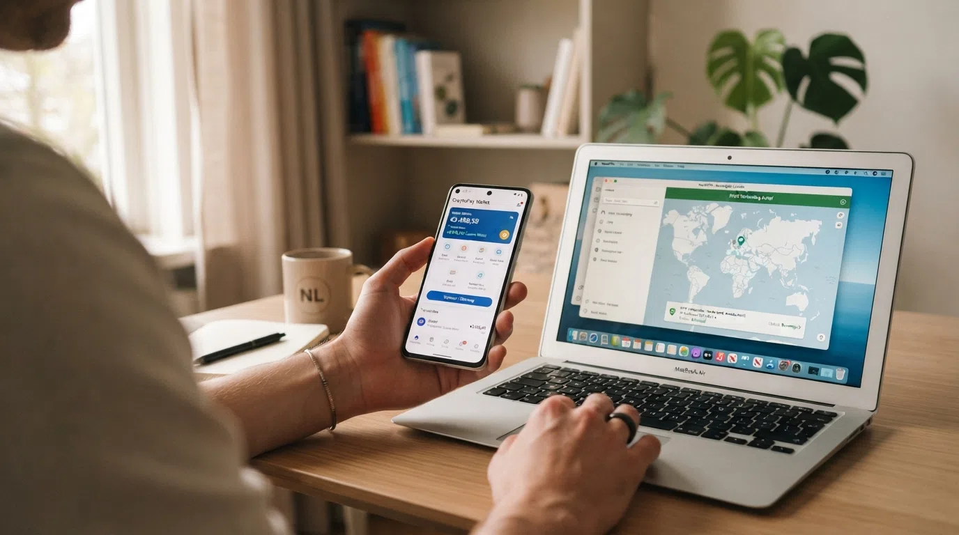 Een smartphone met een crypto-wallet en een casinoscherm naast elkaar, met een slotpictogram dat de privacy-laag symboliseert