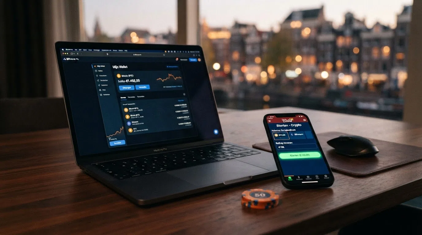 Een crypto-wallet interface op een laptop naast een casino-stortingsscherm met Bitcoin- en Ethereum-logo's, met een anonieme avatar als gebruikersprofiel