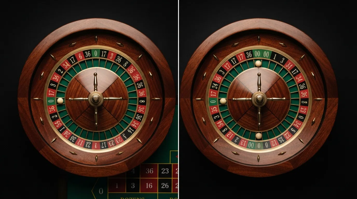Een split-screen van een Europees roulettewiel met één zero en een Amerikaans wiel met dubbele zero