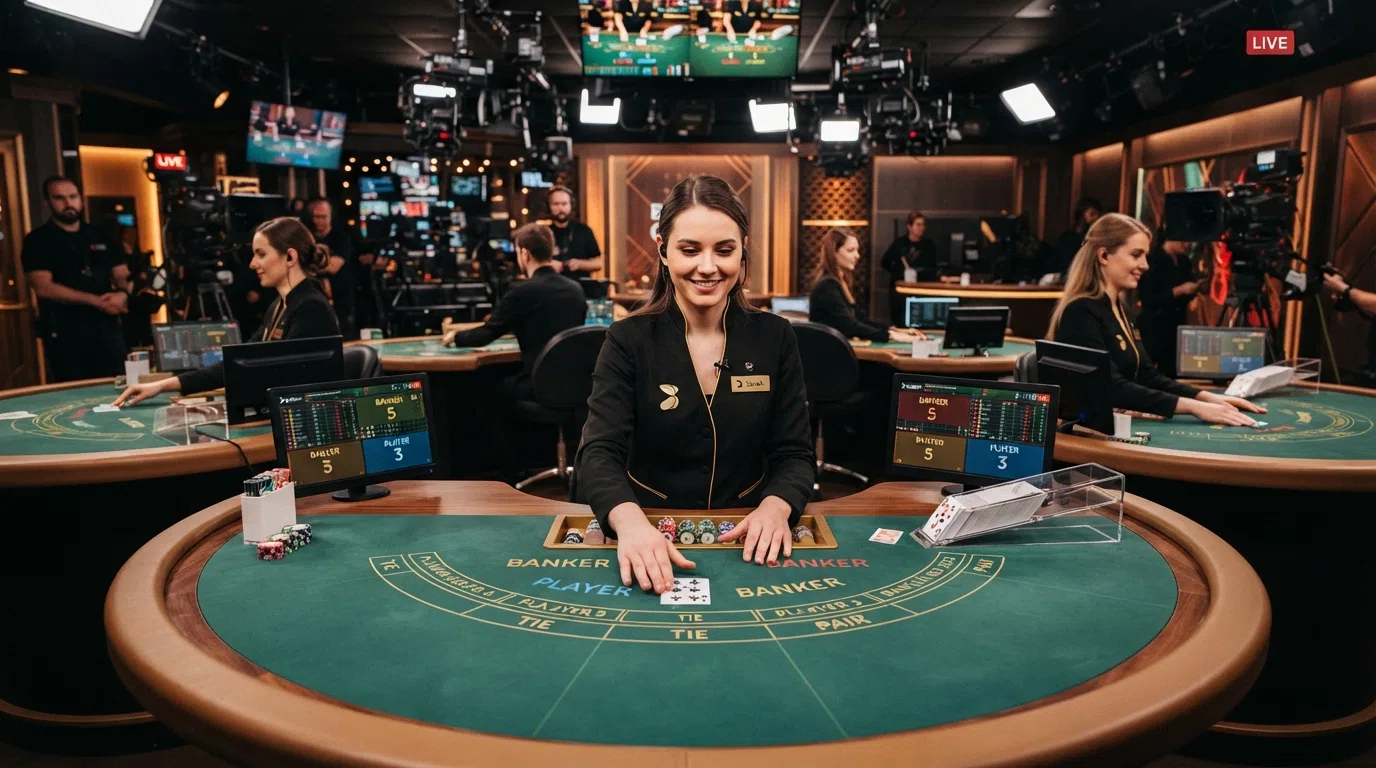 Evolution Gaming studio met meerdere baccarat tafels, professionele dealers, close-up camerastandpunt van een kaartdeal