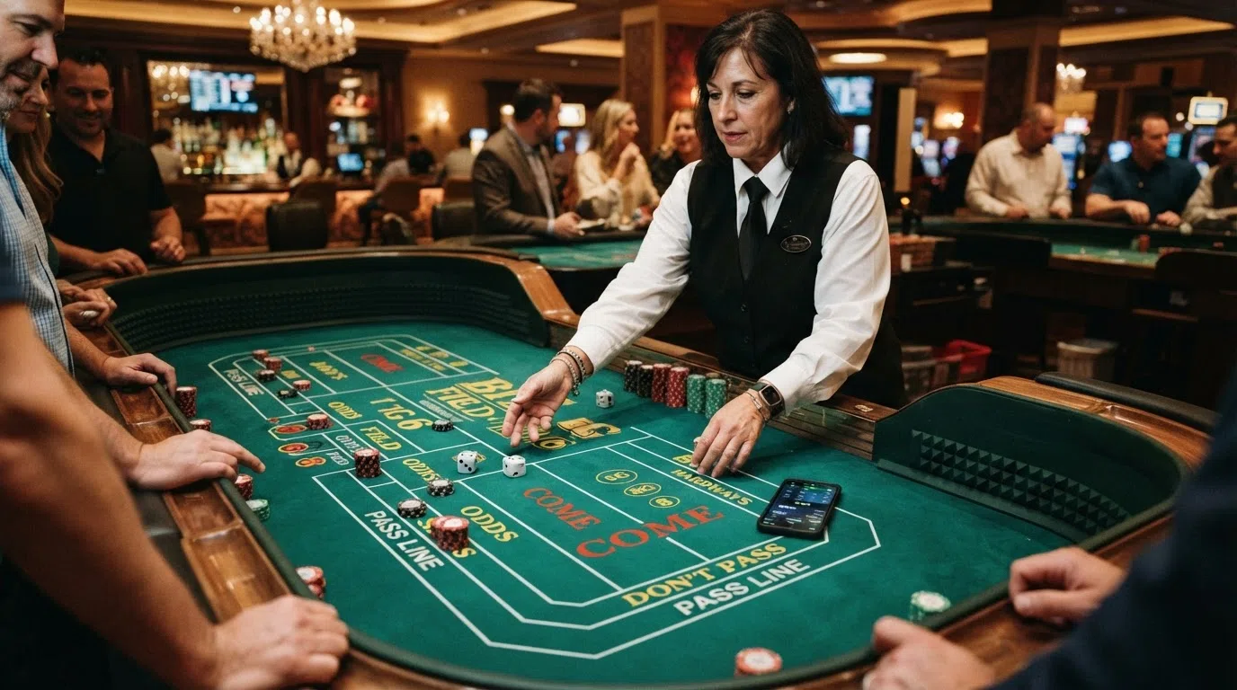 Een professionele live dealer achter een craps-tafel met meerdere camerastandpunten en digitale inzetinterface