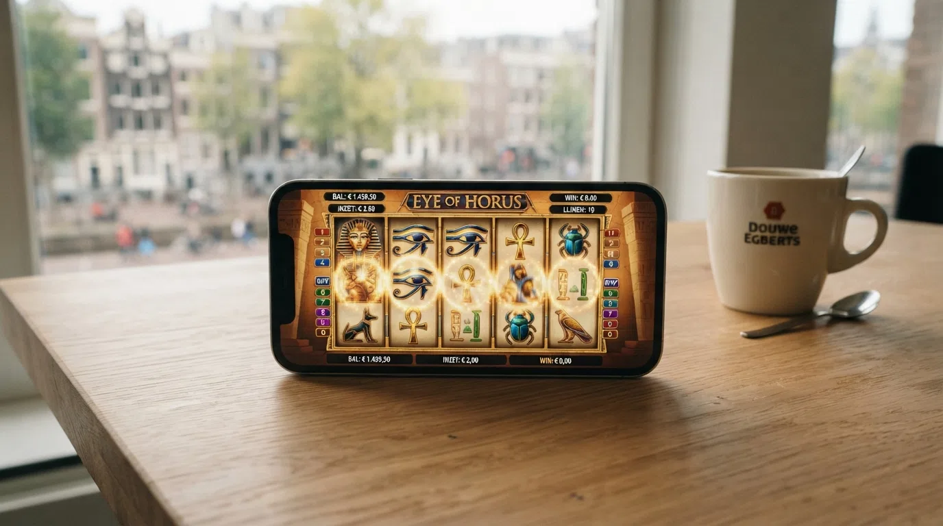 Het speelscherm van de Merkur-gokkast Eye of Horus met rollen en symbolen