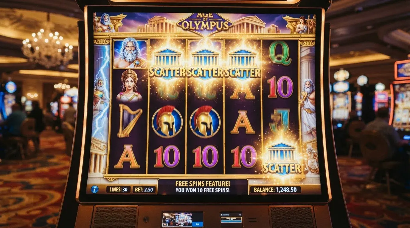 Het 5×6 raster van de Gates of Olympus gokkast met vallende symbolen, een gouden Olympus-thema en vier scatter-symbolen in beeld
